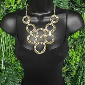 Statement Bib Necklace Gold Tone Crystal Interlocking Circle Adjustable 3753